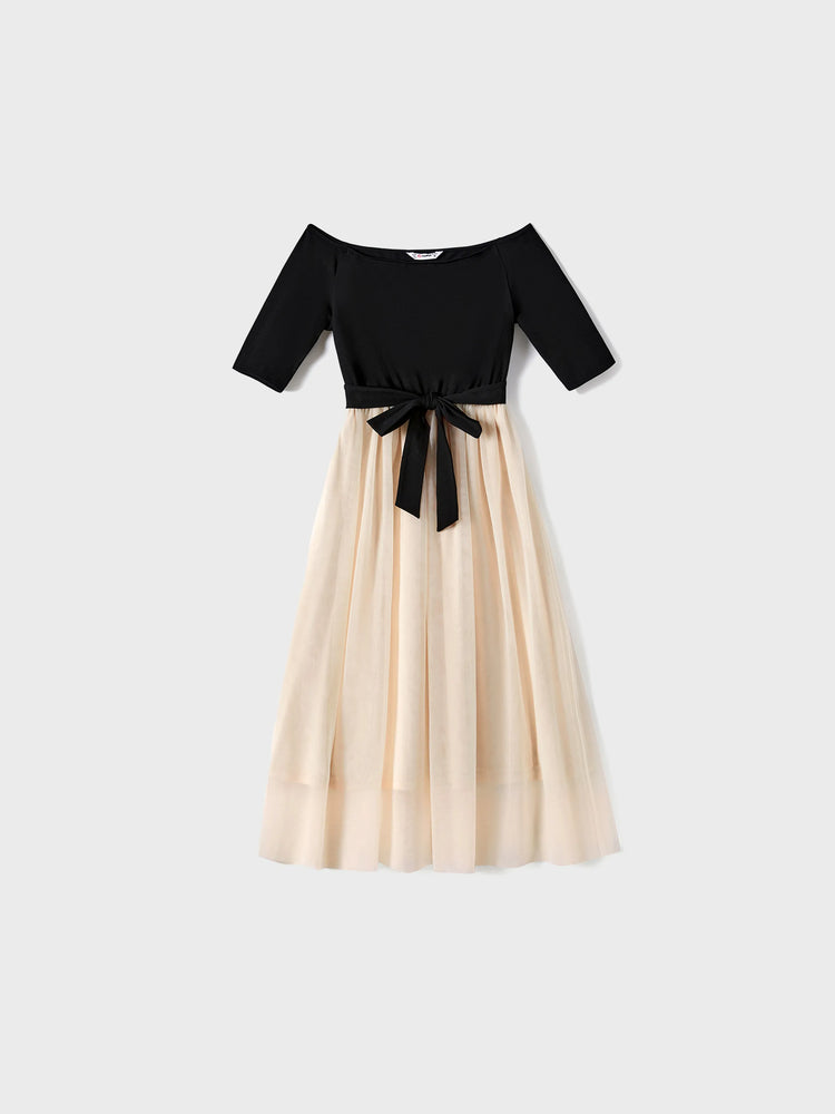 Family Matching Black-Almond Mesh Skirt and Classic Round Neck Long Sleeve Tops Sets Black