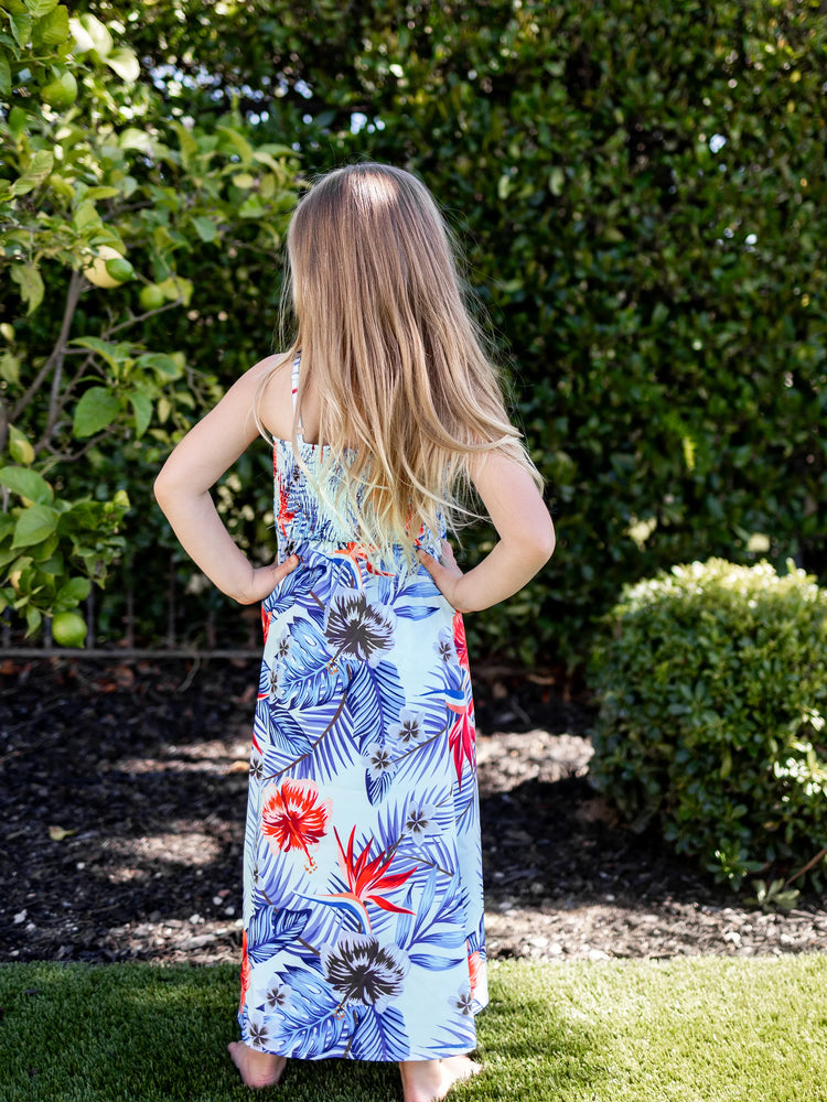 Family Matching Floral Print Short-sleeve Shirt or smocking Strap Dress Light Blue