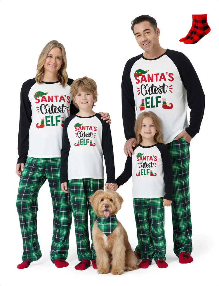 Weihnachts-Passendes Familienpyjama-Set SANTA'S Cutiest ELF Letterprint Langärmeliger grüner Gitterpyjamas mit Weihnachtssocken grün