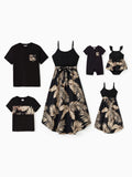 Mommy and Me Family Matching Floral Print Belted Cami Dresses And Solid Short Sleeve Tops Sets Black