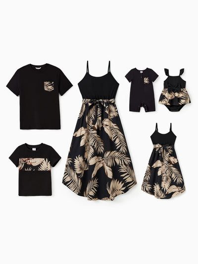 Mommy and Me Family Matching Floral Print Belted Cami Dresses And Solid Short Sleeve Tops Sets Black