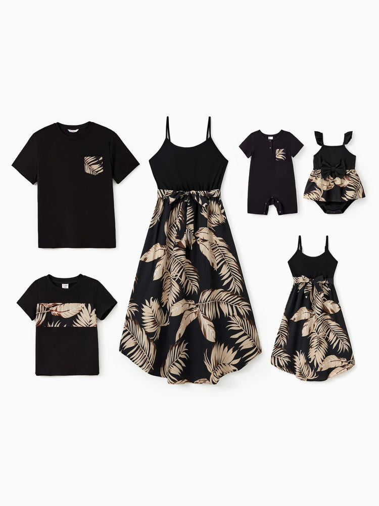 Mommy and Me Family Matching Floral Print Belted Cami Dresses And Solid Short Sleeve Tops Sets Black