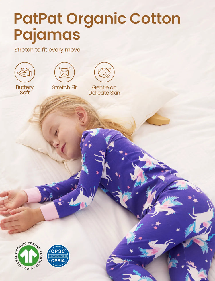 Pyjama 2 pièces en coton biologique pour tout-petits/enfants avec imprimé enfantin, coupe ajustée, pour filles/garçons, violet