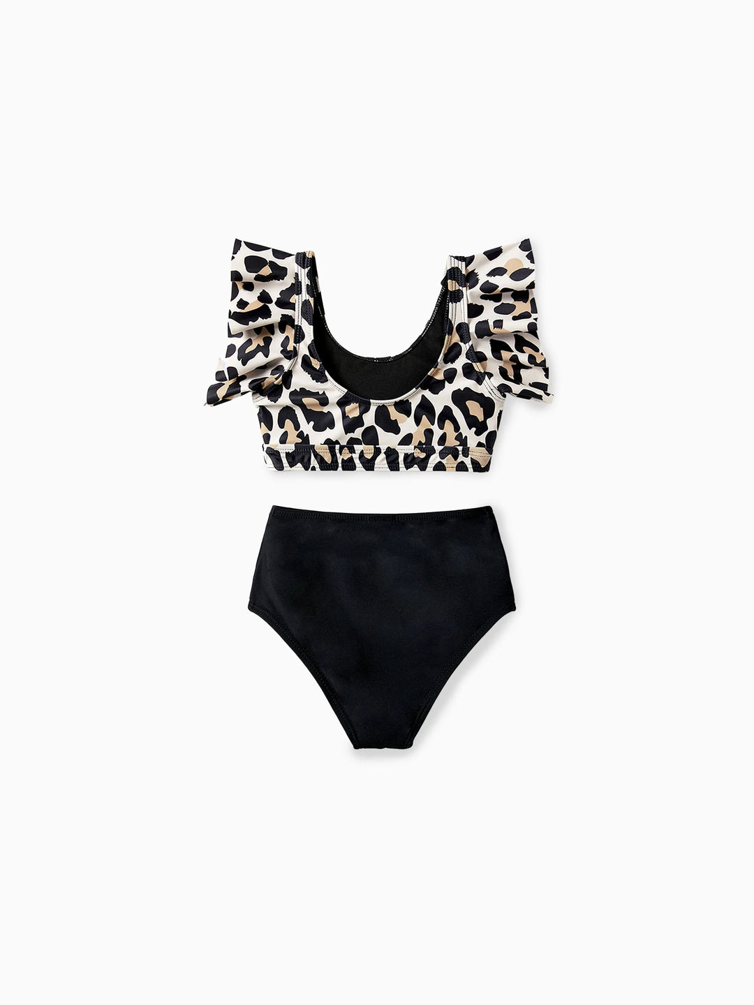 Mommy & me Leopard Pattern Drawstring Ruffle Neck Two-Piece Bikini with Optional Cover Up Sarong Skirt Black