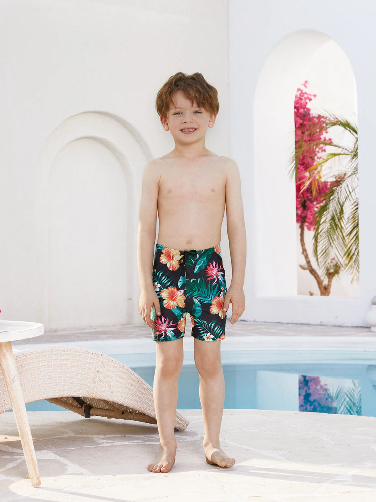Family Matching Tropical Print Swimwear Set V-Neck Bikini & Swim Trunks Black