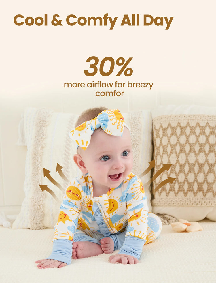 Bamboo Baby Boy/Girl Animal Printed 2-Way Zipper Anti Slip Long-sleeve Footie with Hairband Light Blue