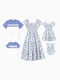 Family Matching Outfit: Floral Smocking Casual Suit BLUEWHITE