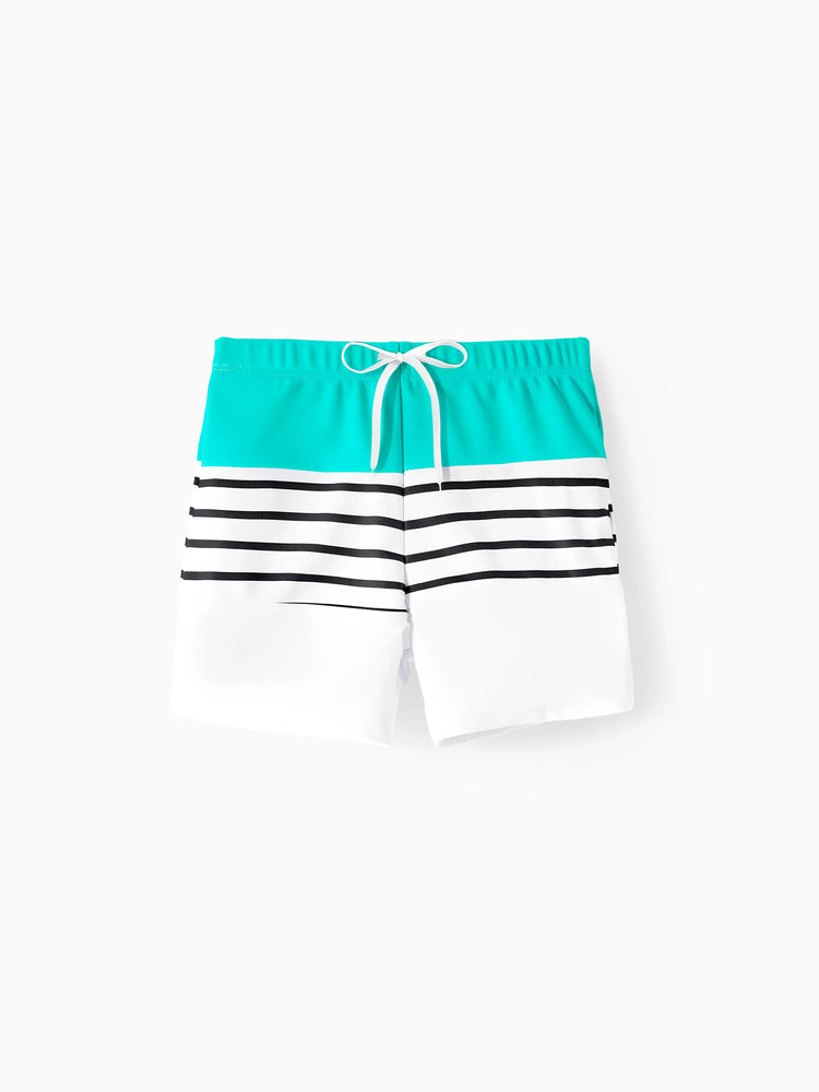 Family Matching Striped Spliced Cut Out One-piece Swimsuit and Colorblock Swim Trunks Green/White