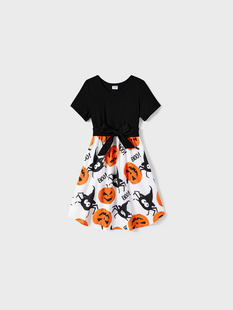 Halloween Family Matching Pumpkin Print Dresses and Short Sleeve Colorblock Tops Sets ColorBlock