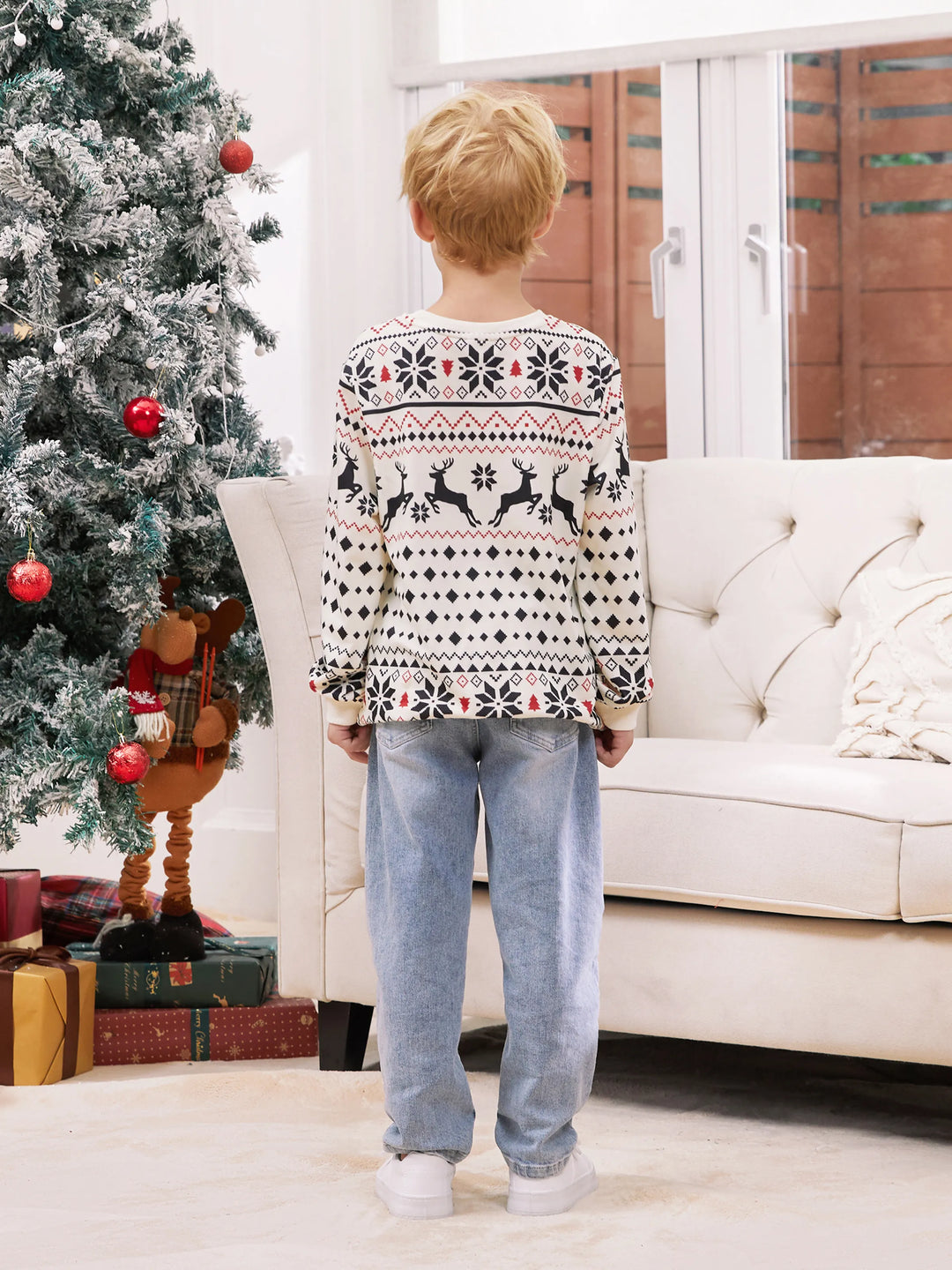 Sweat-shirt de Noël à manches longues et grand motif renne beige