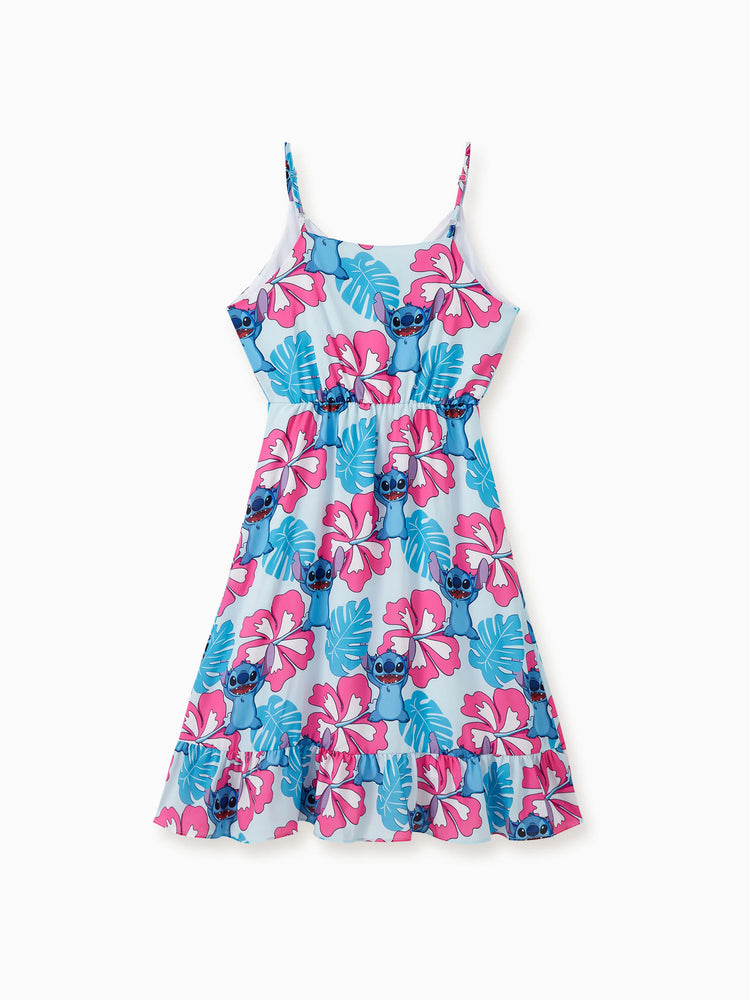 Mommy and Me Disney Stitch Family Matching Naia™ Stitch and Hawaii Style Floral Print Sleeveless Dress/Onesie／Shirt Multi-color