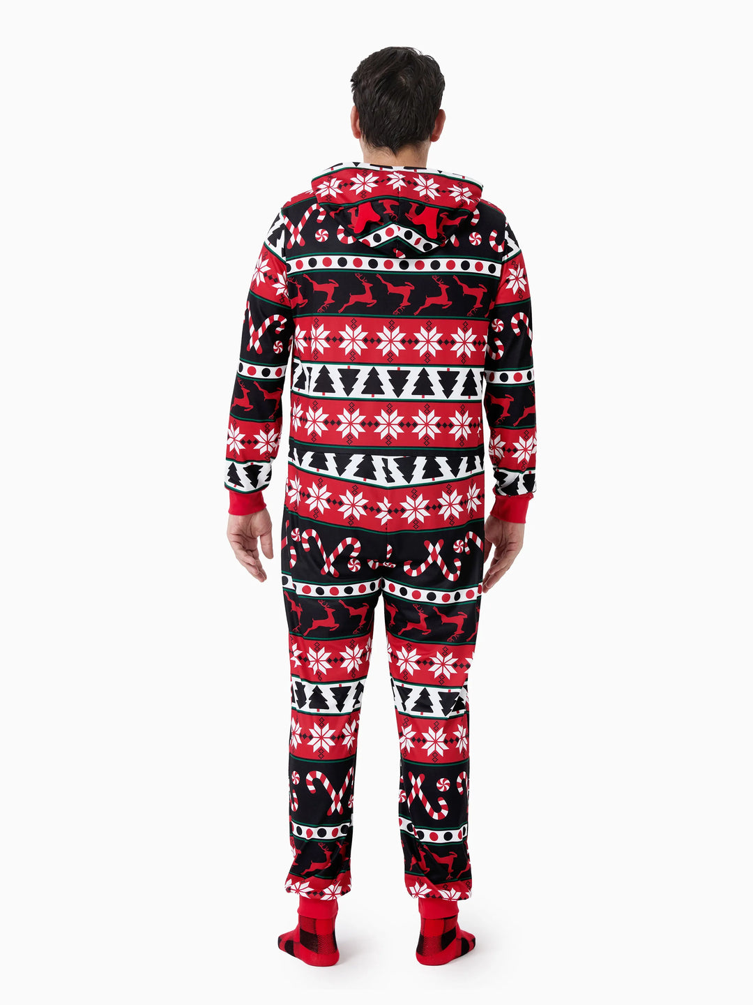 Pyjama de Noël à capuche et fermeture éclair, motif renne 3D, tenues familiales assorties, rouge/noir