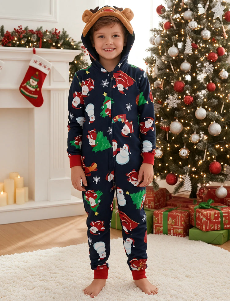 Green Christmas Family Pajamas Sets 3D Reindeer Hooded Santa Allover Print Onesies Pajamas blueblack