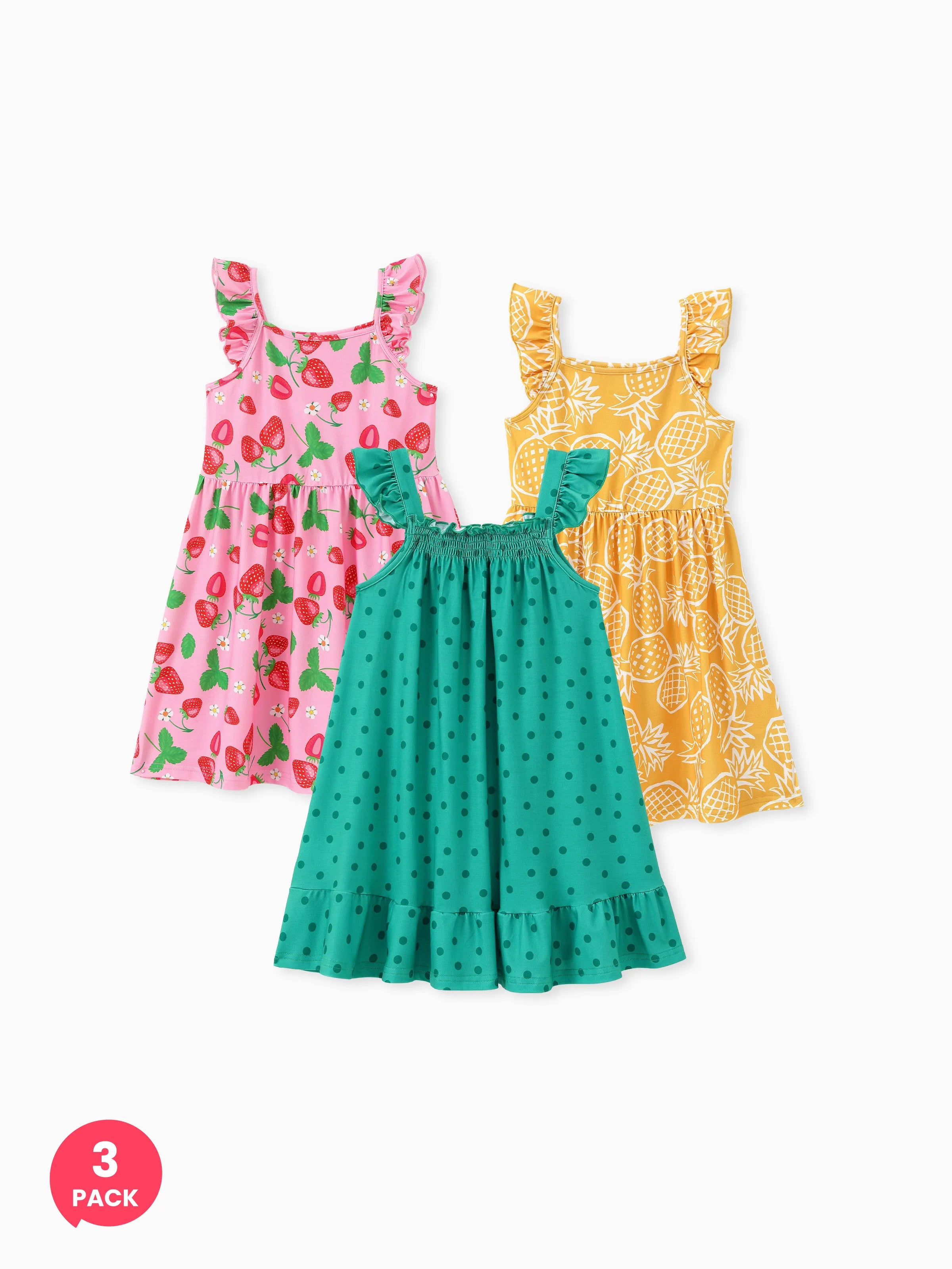 3-Pack Toddler/Kid Girl Childlike Flutter-sleeve Dresses Light Green 3-Pack Toddler/Kid Girl Childlike Flutter-sleeve Dresses Light Green