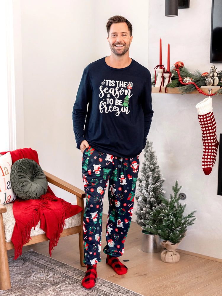 Ensemble pyjama de Noël assorti pour toute la famille, Père Noël phosphorescent, bleu foncé, avec chaussettes de Noël bleu foncé