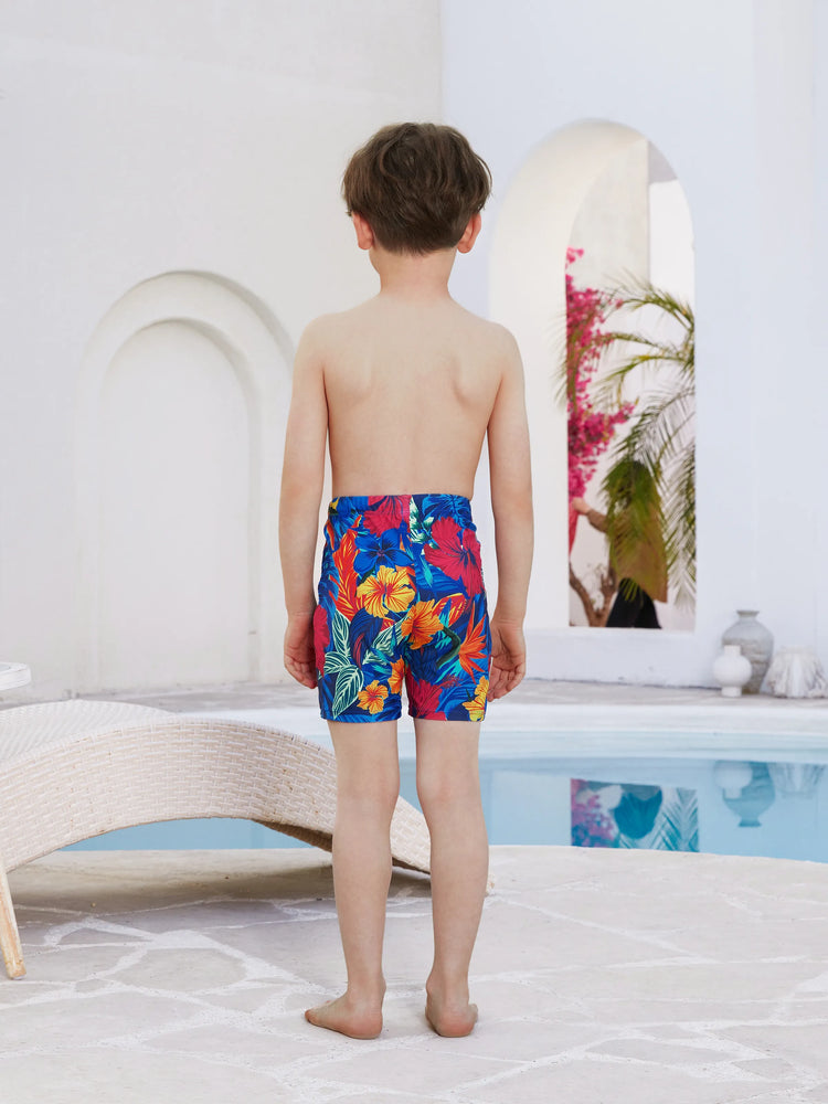 Family Matching Swimwear Set Floral Scalloped Strappy Bikini and Swim Trunks ColorBlock