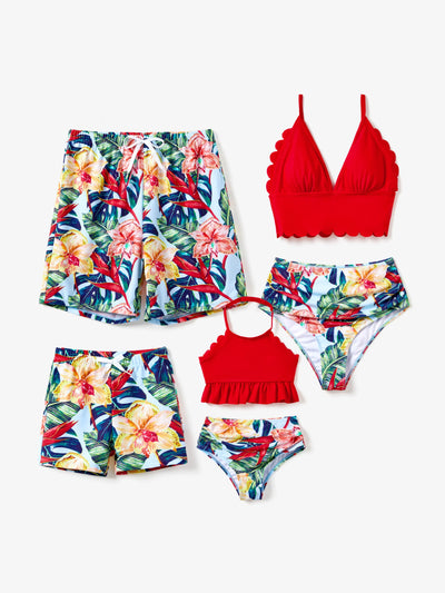 Family Matching Floral Drawstring Swim Trunks or Ruched Shell Edge Bikini with Optional Swim Cover Up Red