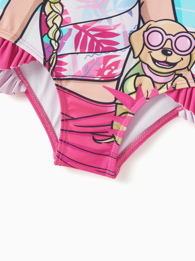 Barbie Mommy & Me Girls Ruffled Tropical Floral Print Swimsuit Hot Pink