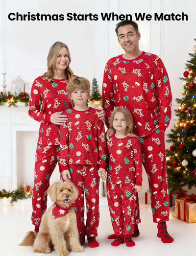 Christmas Matching Family Pajamas Set Cute Reindeer Print Long-sleeve Red PJS with Christmas Socks Red