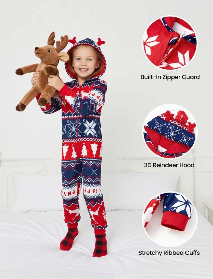 Christmas Matching Family Pajamas Set 3D Reindeer Hooded Allover Snowflake Print Red and Blue Onesie PJS with Christmas Socks Red-2