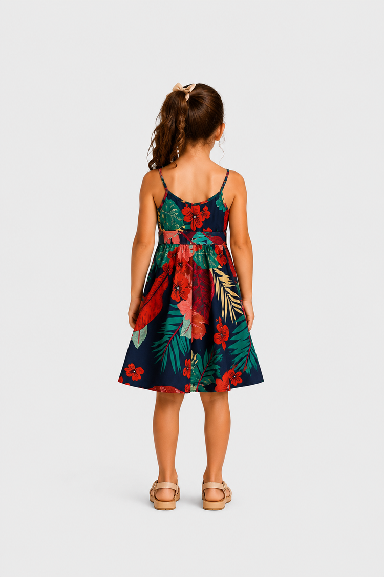 Mommy and Me Family Matching Sets Floral Panel Black tee and V-neck Strap Dress with Hidden Snap  Deep Blue