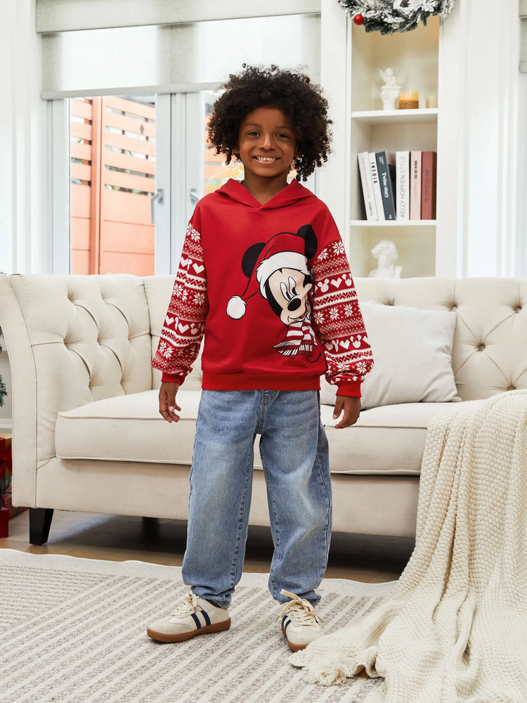 Disney Mickey and Friends Family Matching Christmas Character Print Long-sleeve Hooded Top Red