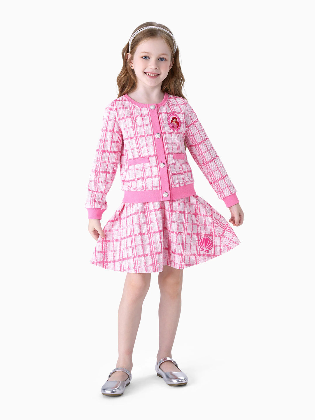 Conjunto de 2 piezas de cárdigan de tweed a cuadros con falda de princesa Disney Ariel para niñas pequeñas, color rosa