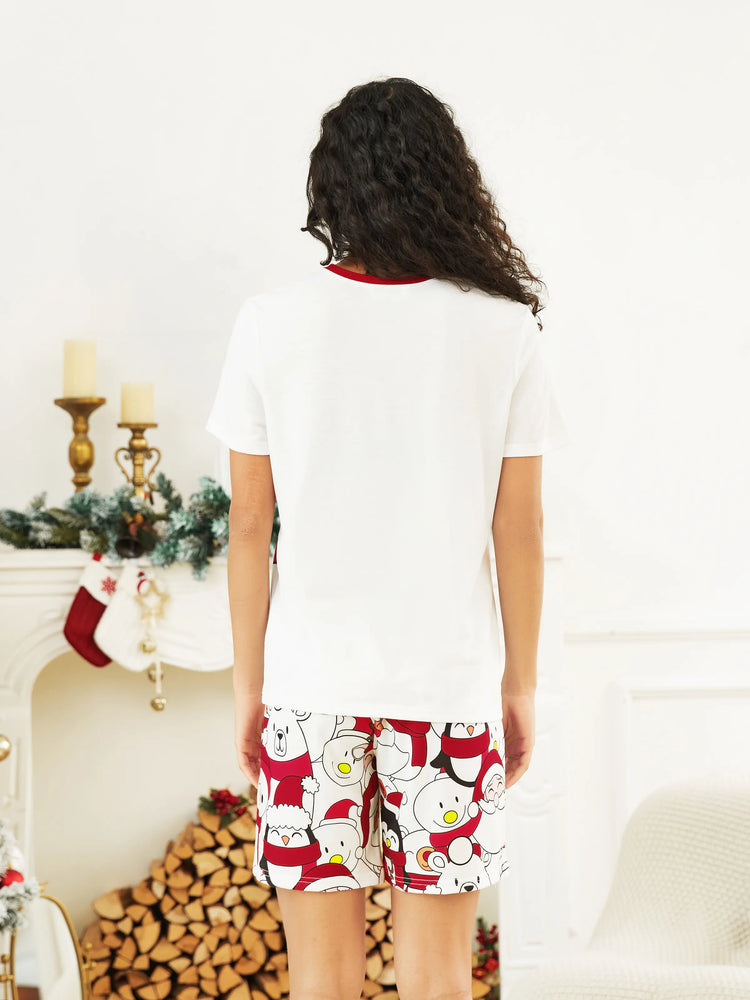 Ensemble pyjama assorti pour toute la famille, imprimé Père Noël et bonhomme de neige, haut à manches courtes et short, blanc