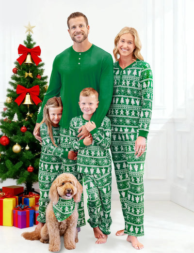 Christmas Matching Family Pajamas Set Gingerbread Man and Snowflake Pattern Long-sleeve Green PJS with Christmas Socks Dark Green