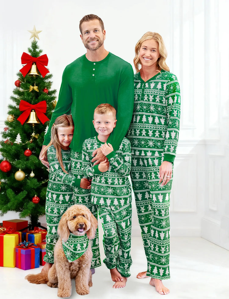 Christmas Matching Family Pajamas Set Gingerbread Man and Snowflake Pattern Long-sleeve Green PJS with Christmas Socks Dark Green