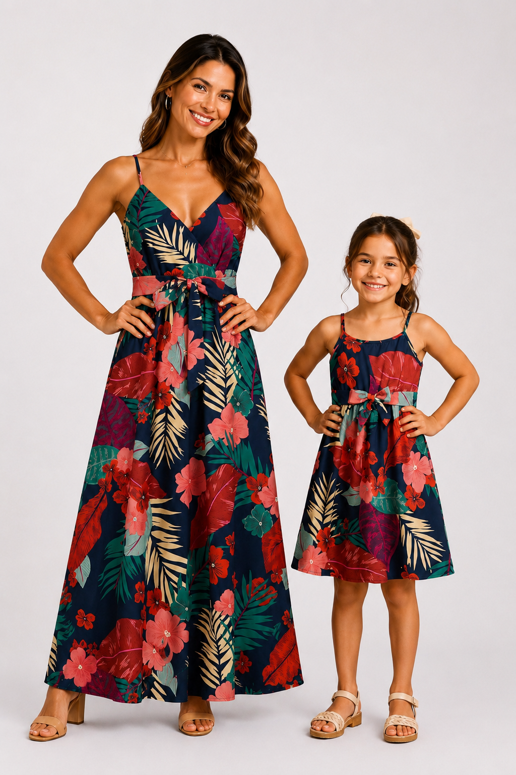 Mommy and Me Family Matching Sets Floral Panel Black tee and V-neck Strap Dress with Hidden Snap  Deep Blue