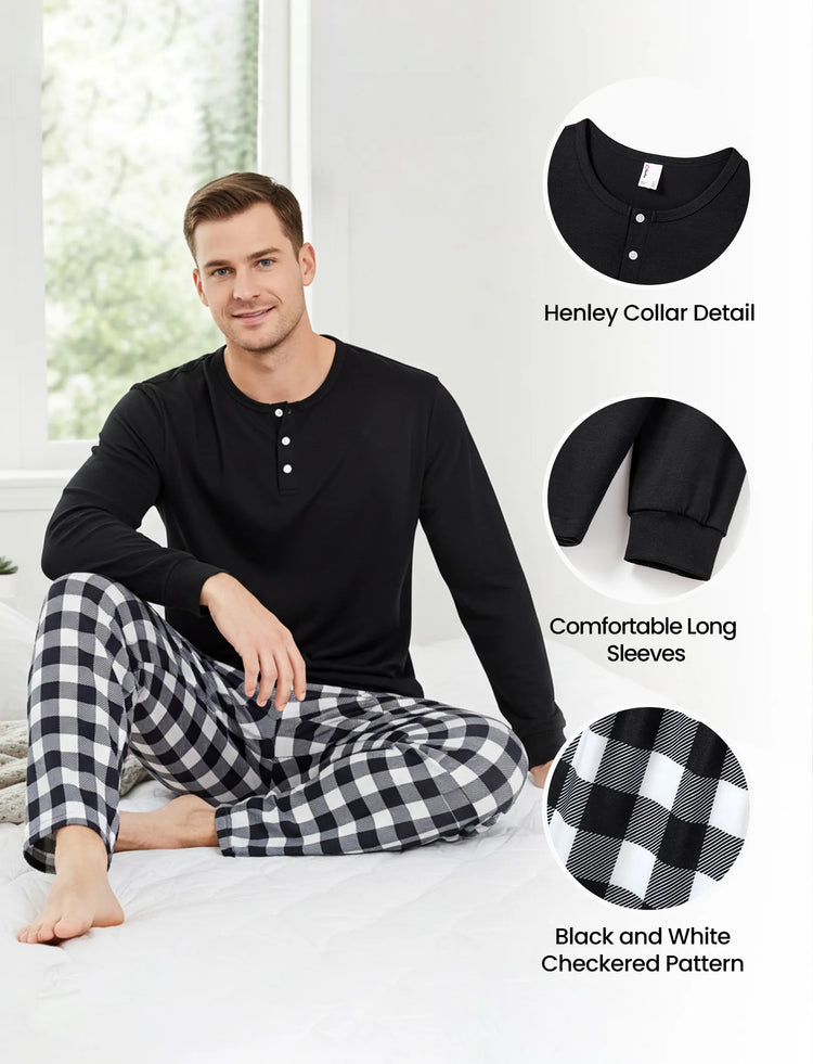 Christmas Matching Family Pajamas Set Allover Black Grid Print Long-sleeve PJS with Christmas Socks Black