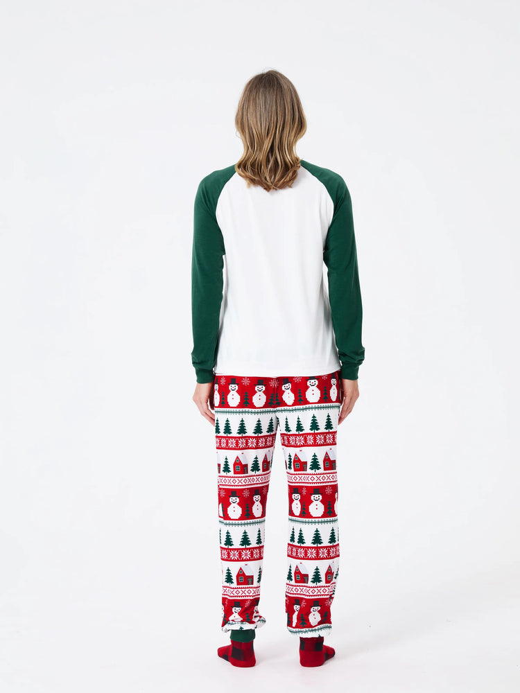 Christmas Matching Family Pajamas Set Snowman and Christmas Tree Print White PJS with Christmas Socks ( Defective Product) Dark Green