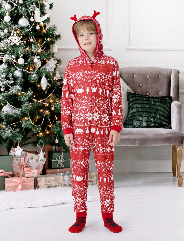 Christmas Matching Family Pajamas Set 3D Reindeer Hooded Allover Snowflake and Reindeer Print Red Onesie PJS with Christmas Socks Red