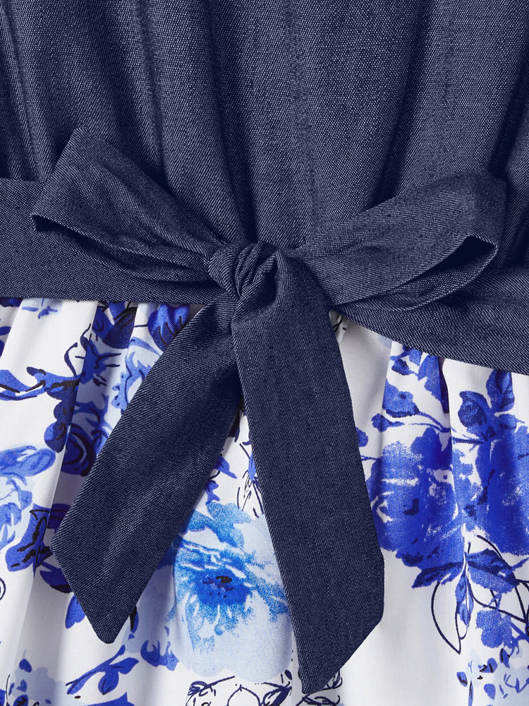 Eleganter Blumenanzug im Familienlook in mittlerer Dicke, kurzen Ärmeln, normaler Passform blau