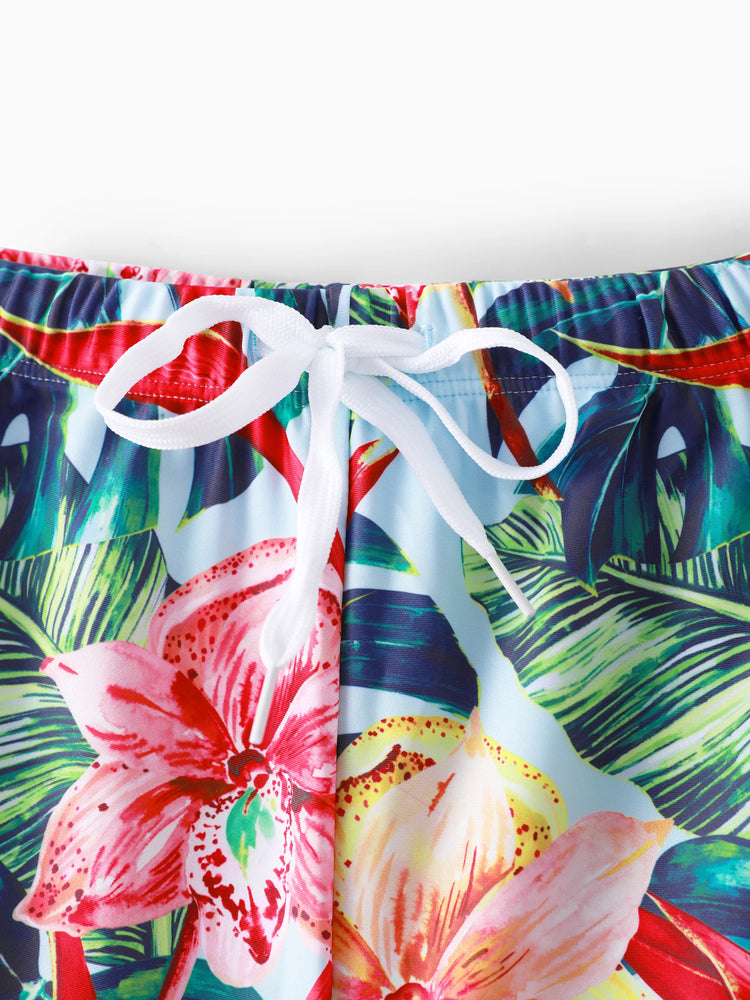Family Matching Floral Drawstring Swim Trunks or Ruched Shell Edge Bikini with Optional Swim Cover Up Red