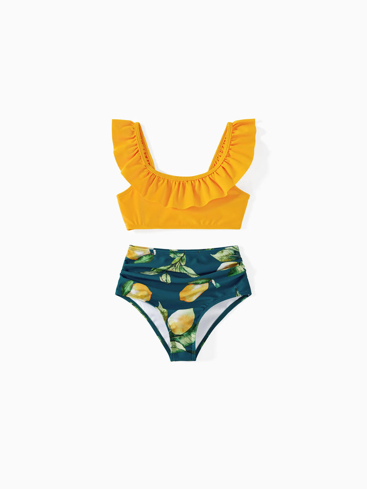Maillot de bain deux pièces ou short de bain assorti à imprimé citron et col licou uni multicolore