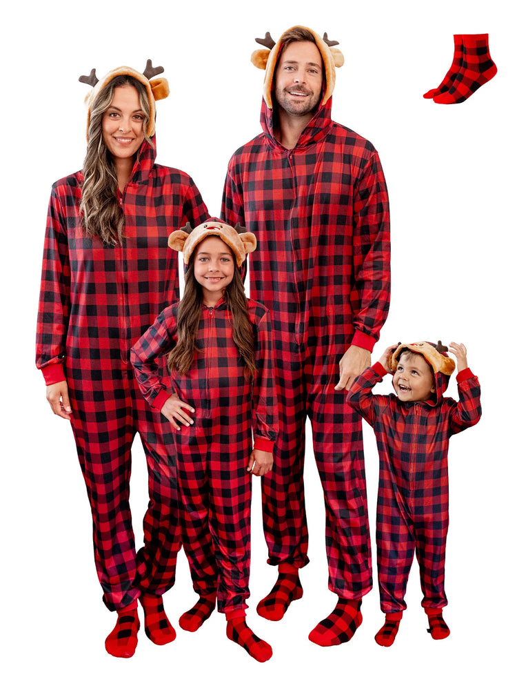 Christmas Matching Family Pajamas Set 3D Reindeer Hooded Allover Plaid Print Red Onesie PJS with Christmas Socks Red
