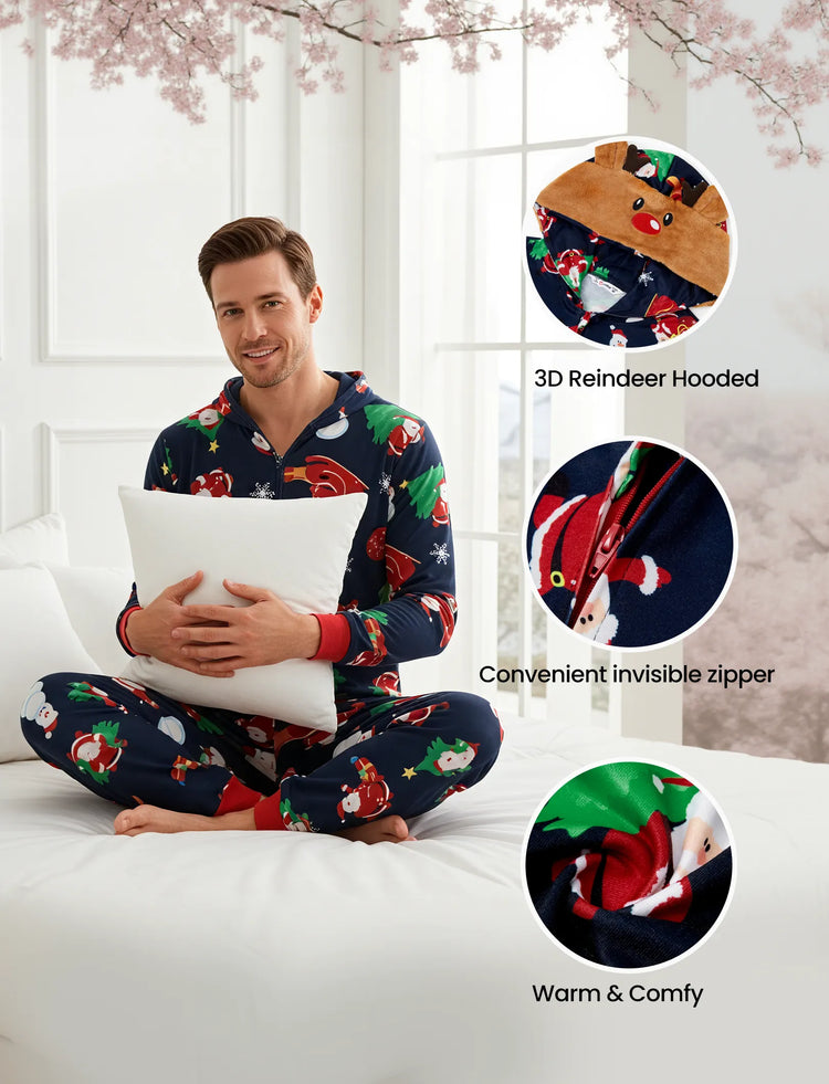 Green Christmas Family Pajamas Sets 3D Reindeer Hooded Santa Allover Print Onesies Pajamas blueblack