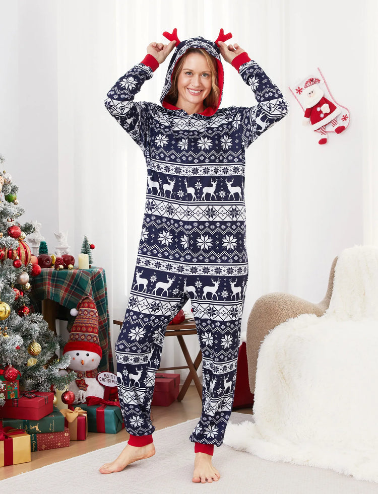 Christmas Matching Family Pajamas Set 3D Reindeer Hooded Allover Snowflake and Reindeer Print Dark Blue Onesie PJS with Christmas Socks blueblack