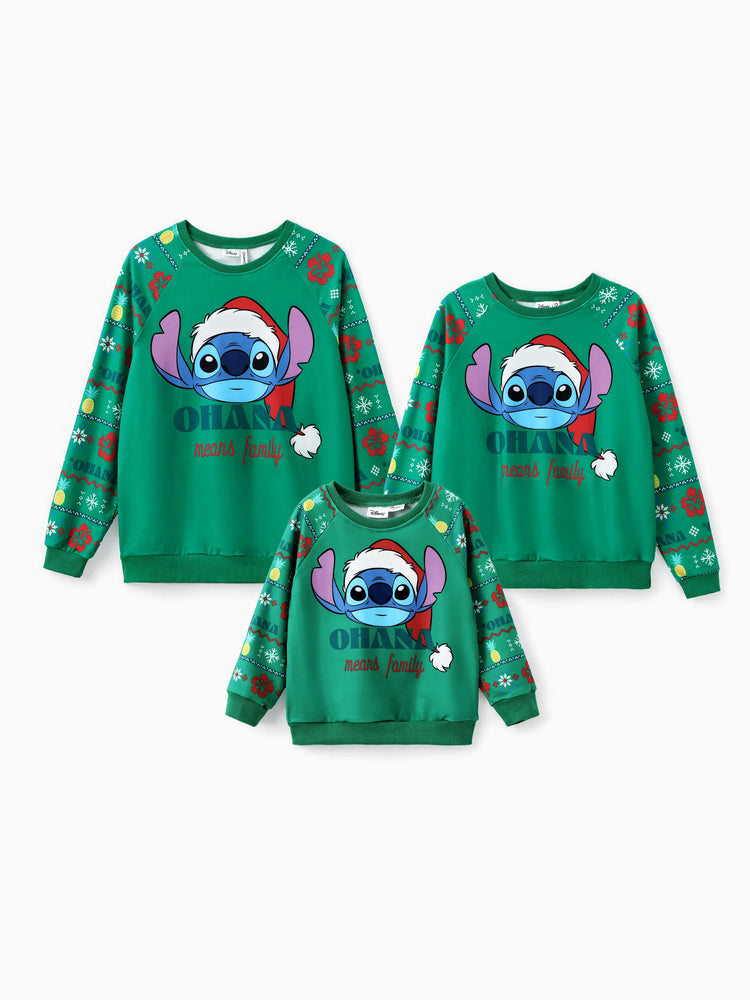 Sweat-shirt à manches longues assorti Disney Stitch avec bonnet de Père Noël, vert