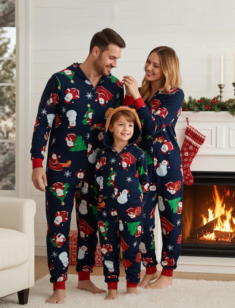 Green Christmas Family Pajamas Sets 3D Reindeer Hooded Santa Allover Print Onesies Pajamas blueblack