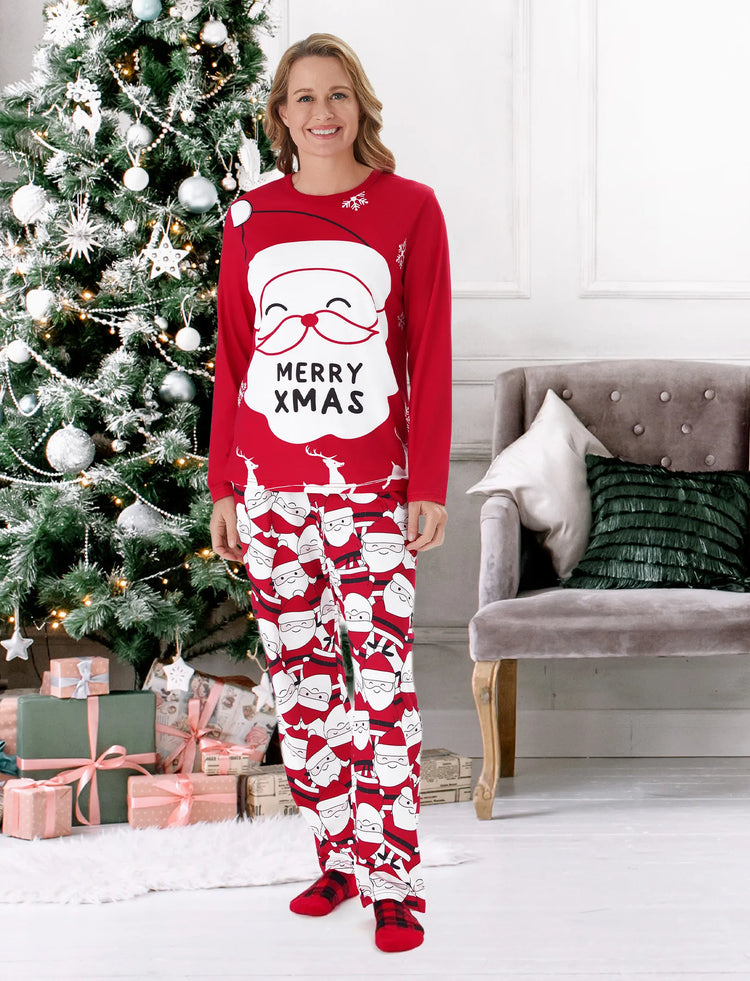 Pijama familiar navideño a juego con estampado gráfico de Papá Noel grande en la parte delantera y trasera, con bolsillos y cordón, color rojo 2