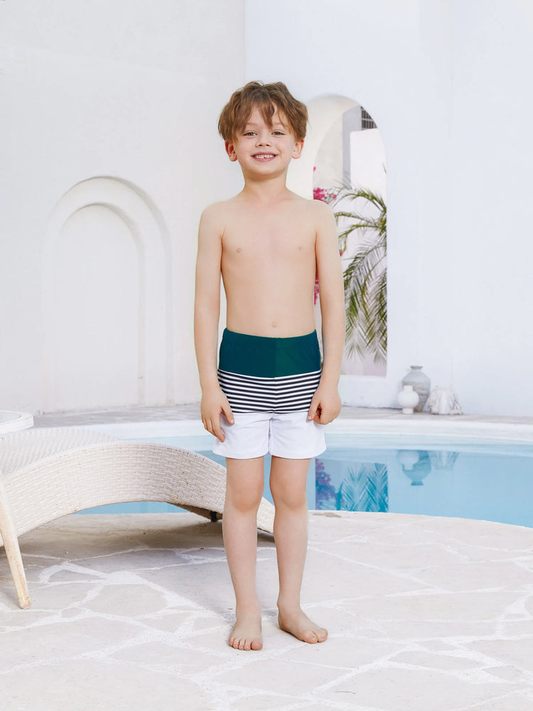 Daddy & Son Colorblock Striped Spliced Swim Trunks Shorts DeepTurquoise