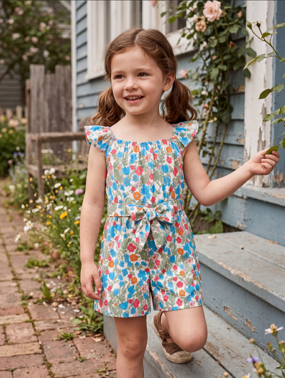 Fresh Market Toddler Girl Floral Bow Romper Blue