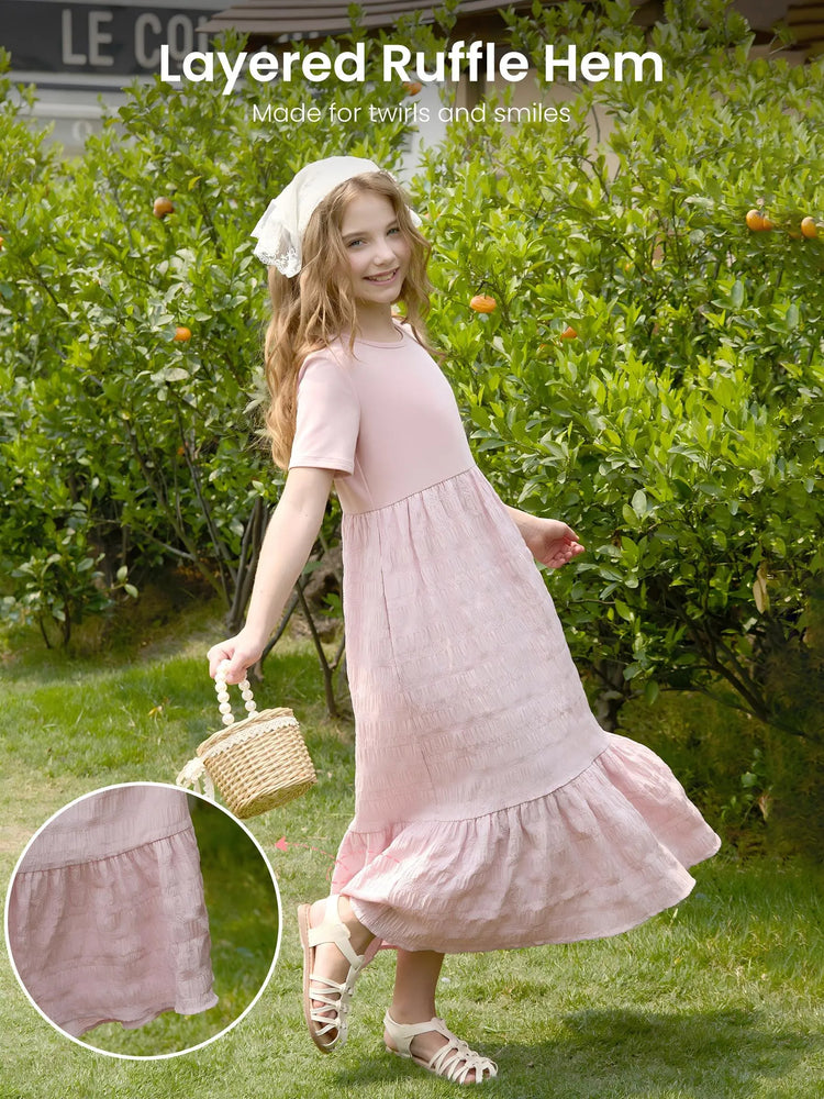 Kid Girl Ruffled Boho Casual Maxi Dress with Pockets Pink