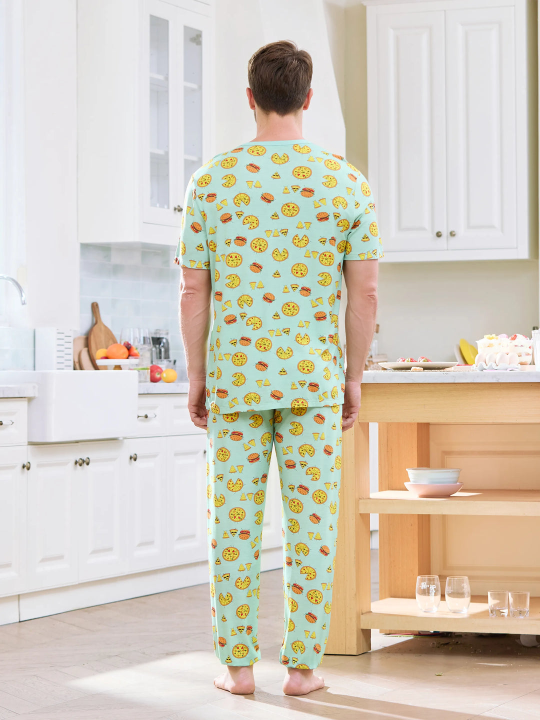 Pijama familiar de bambú verde menta con estampado de dibujos animados de comida, manga corta y pantalones largos, conjunto de pijama a juego (ajuste ceñido para niños), azul claro