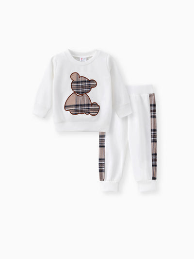 Ensemble 2 pièces pour bébé garçon/fille, sweat-shirt et pantalon à carreaux, ours brodé, blanc cassé