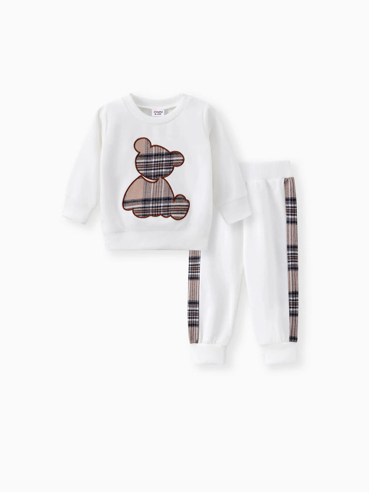 Ensemble 2 pièces pour bébé garçon/fille, sweat-shirt et pantalon à carreaux, ours brodé, blanc cassé