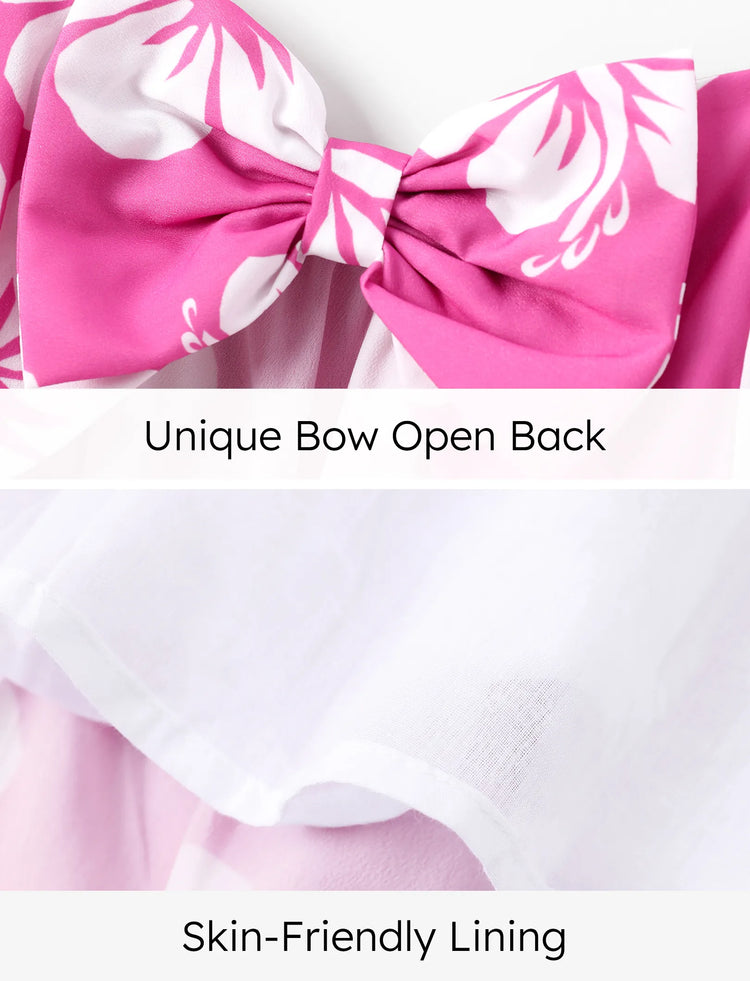 Disney Stitch Kid Girl Floral/Palm Tree Print Ruffled Babydoll Dress Hot Pink